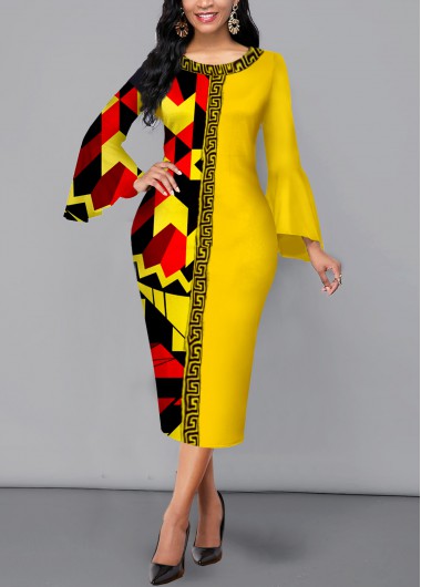 Modlily Tribal Print Round Neck Color Block Yellow Dress - M