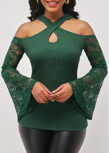 Modlily Blackish Green Cold Shoulder Lace Stitching T Shirt - S