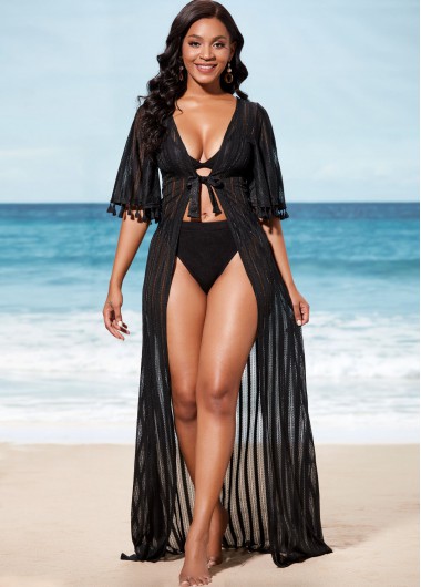 Modlily Sheer Black Tie Front 3/4 Sleeve Cover Up - M