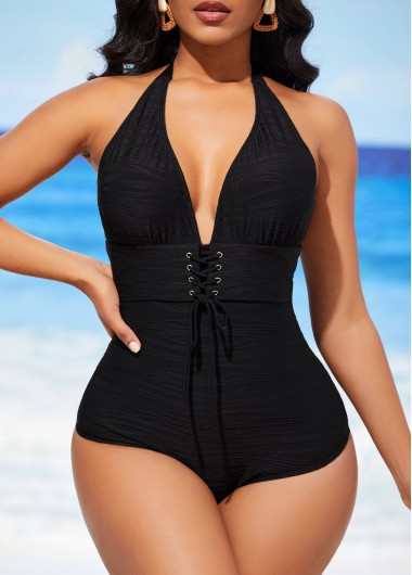 Modlily Lace Up Black Textured Halter One Piece Swimwear - S