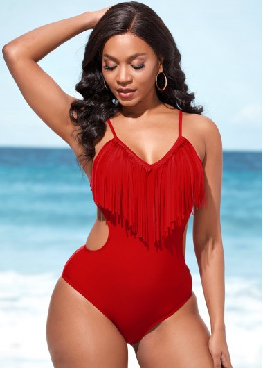 Modlily Red Tassel Spaghetti Strap One Piece Swimwear - S