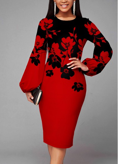 Modlily Red Floral Print Long Sleeve Dress - XXL