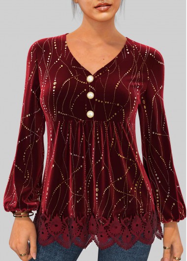 Modlily Hot Stamping Wine Red Velvet Stitching Blouse - L