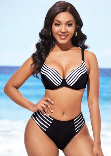 Modlily Striped Mid Waist Spaghetti Strap Bikini Set - M