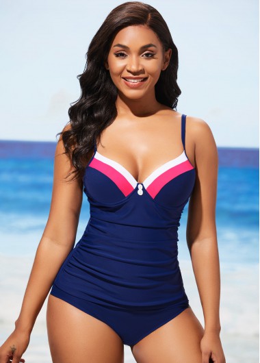 Modlily Navy Blue Decorative Button Contrast Stitch Tankini Set - M
