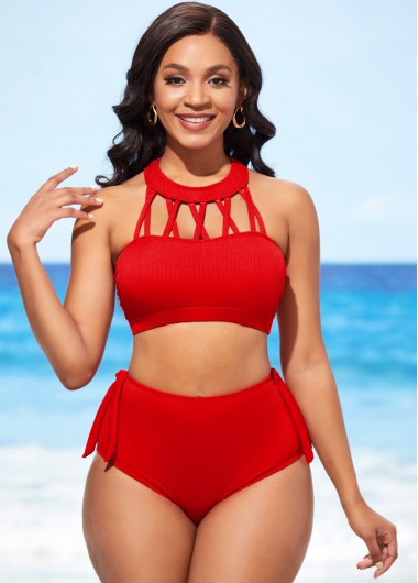 Modlily High Waisted Red Cross Strap Bikini Set - M