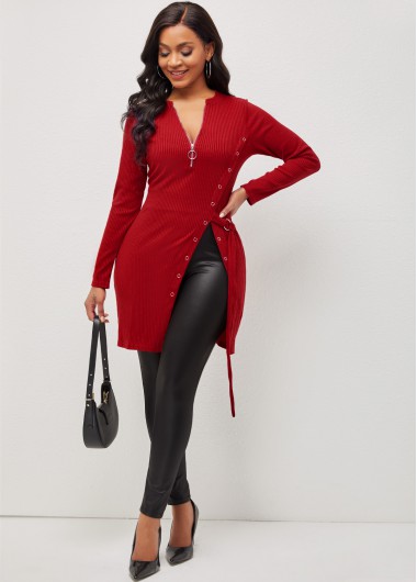 Modlily Quarter Zip Grommet Side Slit Red Blouse - L