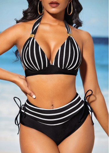 Modlily Stripe Print Black Tie Back Bikini Set - M