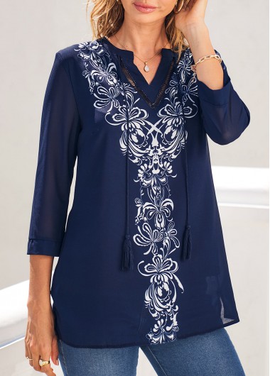 Modlily Navy Blue Split Neck Tribal Print Blouse - M