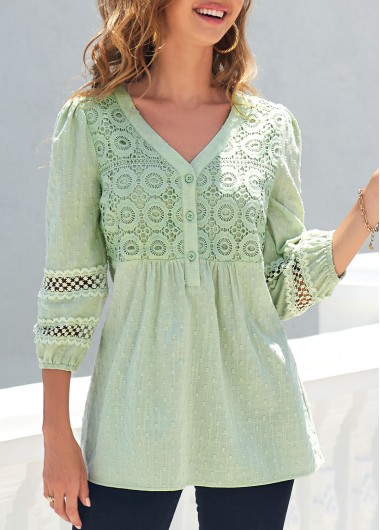 women clothes image of Light Green Lace 3/4 Sleeve Split Neck Blouse