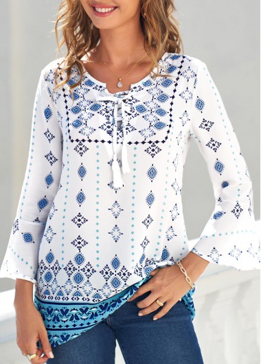 Modlily Tribal Print White Lace Up T Shirt - XXL