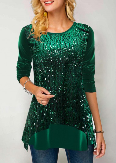 Modlily Sequin Velvet Stitching Green Round Neck Sweatshirt - XL