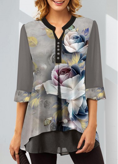 Modlily Split Neck Grey Floral Print Blouse - L
