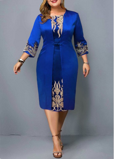 Modlily Blue 3/4 Sleeve Faux Two Piece Plus Size Dress - 3X