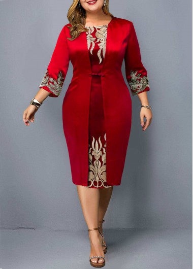 Modlily Red 3/4 Sleeve Faux Two Piece Plus Size Dress - 2X