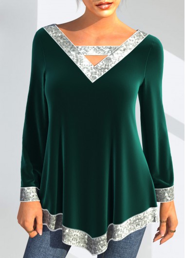 Modlily Sequin Green Velvet Stitching Asymmetric Hem T Shirt - M