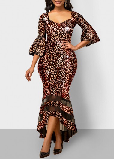 Modlily Glitter Fabric Mesh Stitching Gold Brown Mermaid Dress - M