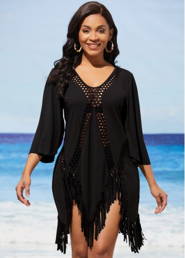 Modlily Tassel Black Asymmetric Hem Hollow Out Cover Up - XL