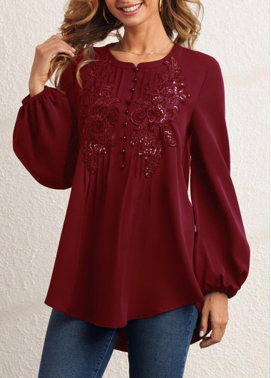 Modlily Sequin Crinkle Chest Wine Red Blouse - M