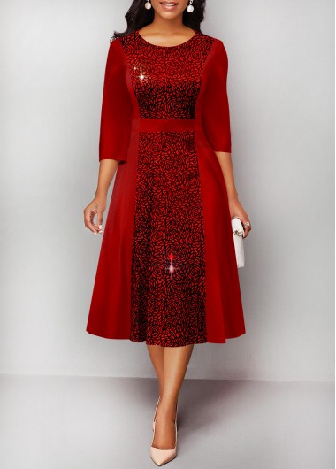 Modlily Hot Stamping Round Neck Red Dress - M