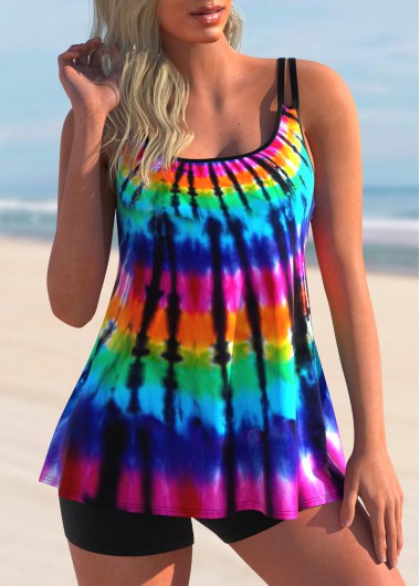 Modlily Rainbow Color Tie Dye Printed Spaghetti Strap Adjustable Swimdress With Panty - S