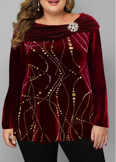 Modlily Wine Red Velvet Stitching Plus Size T Shirt - 3X