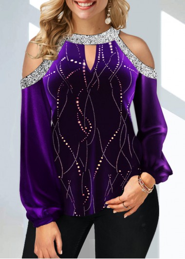 Modlily Velvet Stitching Hot Stamping Cold Shoulder Purple Sweatshirt - M