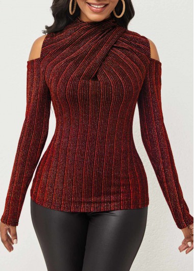 Modlily Wine Red Cold Shoulder Glitter Fabric T Shirt - M