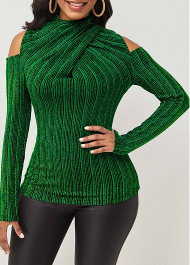 Modlily Cold Shoulder Glitter Fabric Dark Green T Shirt - L