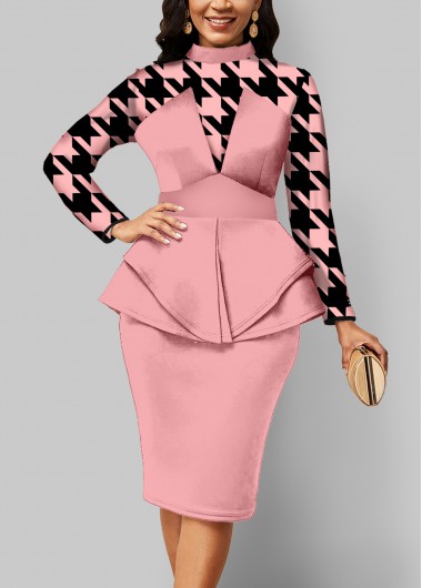 Modlily Houndstooth Print Long Sleeve Pink Mock Neck Dress - M