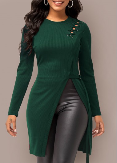 Modlily Lace Up Long Sleeve Dark Green Sweater - M