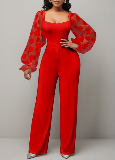 Modlily Polka Dot Square Collar Red Mesh Stitching Jumpsuit - L