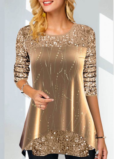 Modlily Christmas Golden Long Sleeve Top Sequin Long Sleeve Gold Hot Stamping Sweatshirt - M