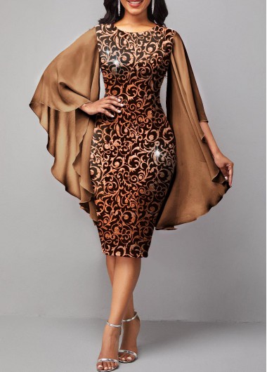 Modlily Glitter Fabric Gold Brown Flare Sleeve Dress - XXL