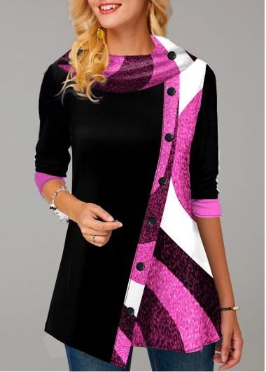 Modlily Contrast Button Detail Asymmetric Hem Tunic Top - XL