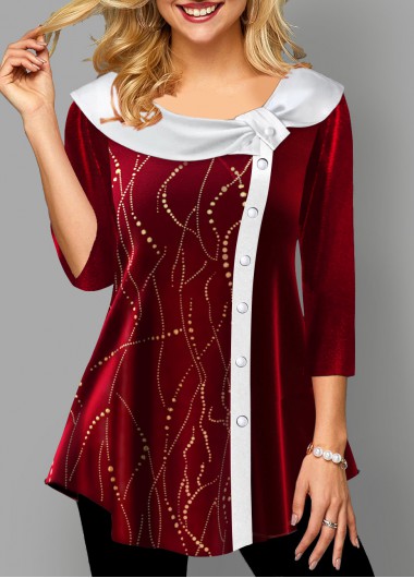 Modlily Hot Stamping Velvet Stitching Red T Shirt - XL