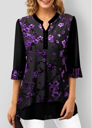 Modlily Velvet Stitching Split Neck Purple Blouse - M