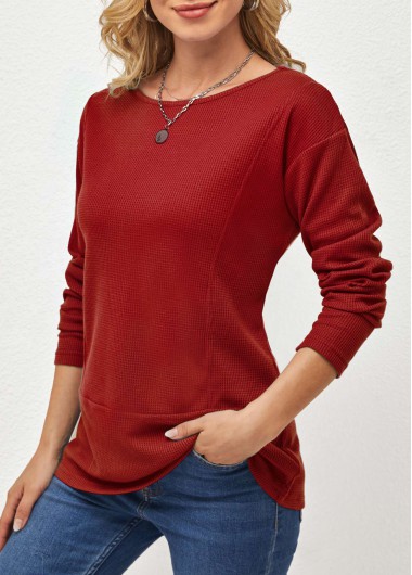 Modlily Texture Fabric Wine Red Round Neck T Shirt - 4XL