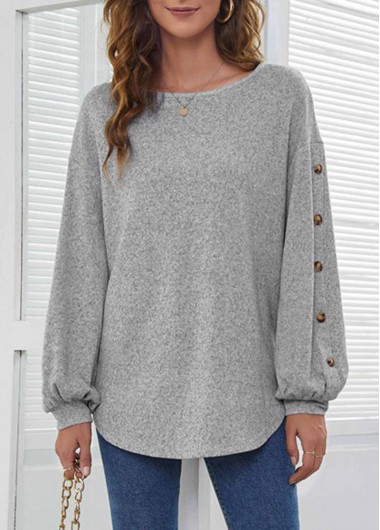 Modlily Decorative Button Long Sleeve Light Grey T Shirt - L