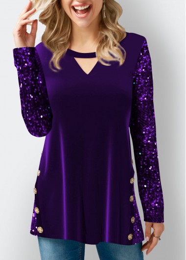 Modlily Purple Velvet Stitching Sequin Decorative Button T Shirt - L