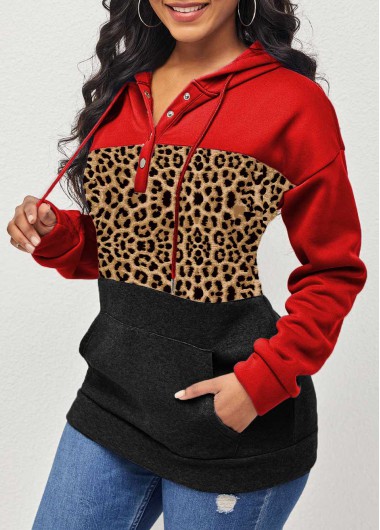Modlily Brown Leopard Drawstring Kangaroo Pocket Hoodie - S