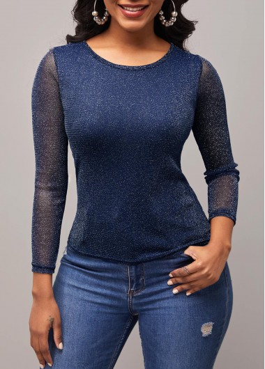 Modlily Round Neck Navy Blue Mesh Stitching T Shirt - 3XL