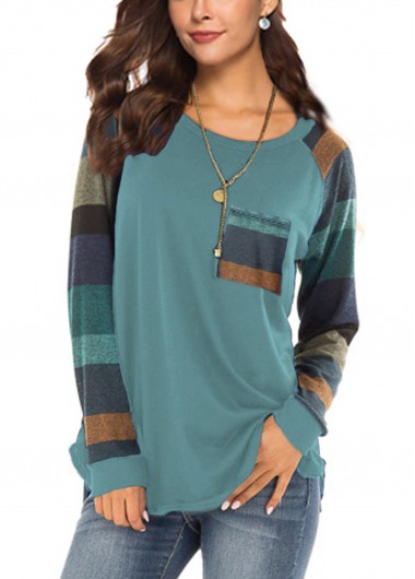 Modlily Peacock Blue Striped Round Neck Pocket T Shirt - 2XL