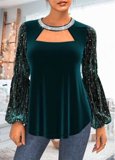 Modlily Sequin Velvet Stitching Blackish Green T Shirt - M