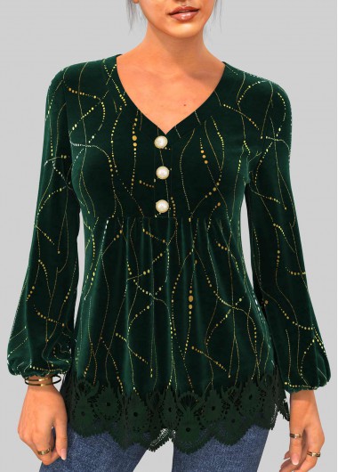 Modlily Hot Stamping Dark Green Velvet Stitching Blouse - L