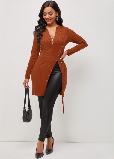 Modlily Quarter Zip Grommet Side Slit Brown Blouse - M