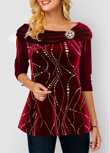 Modlily Hot Stamping Velvet Stitching Wine Red T Shirt - L