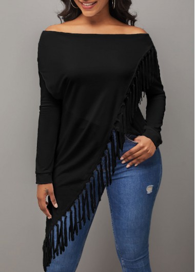 Modlily Tassel Asymmetric Hem Off Shoulder Black T Shirt - M