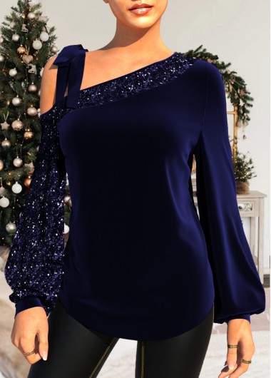 Modlily Sequin Navy Blue Tie Shoulder Velvet Stitching T Shirt - S