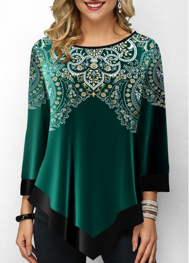 Modlily Tribal Print Velvet Stitching Blackish Green T Shirt - M